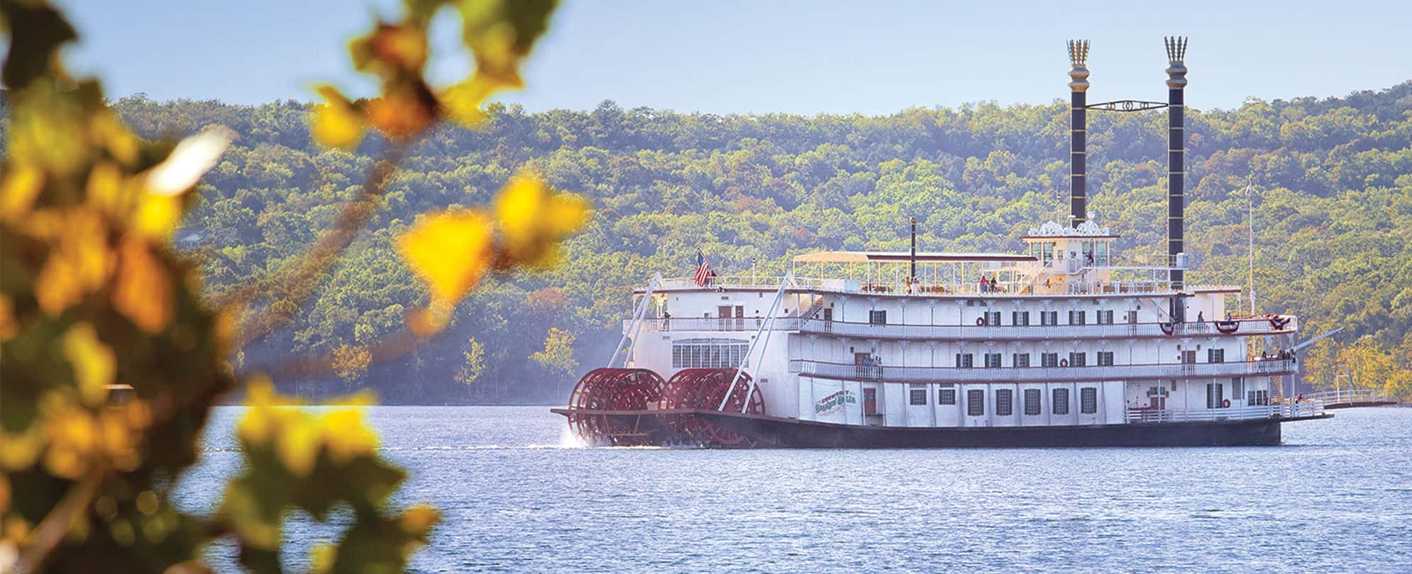 The showboat Branson Belle out on the water, an 1800s-style riverboat, out on the water.