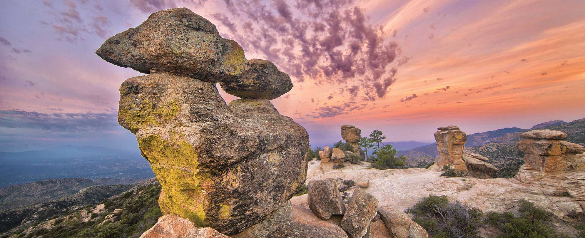 Unique rock formations are illuminated by a colorful sunset at Saguaro National Park in Arizona