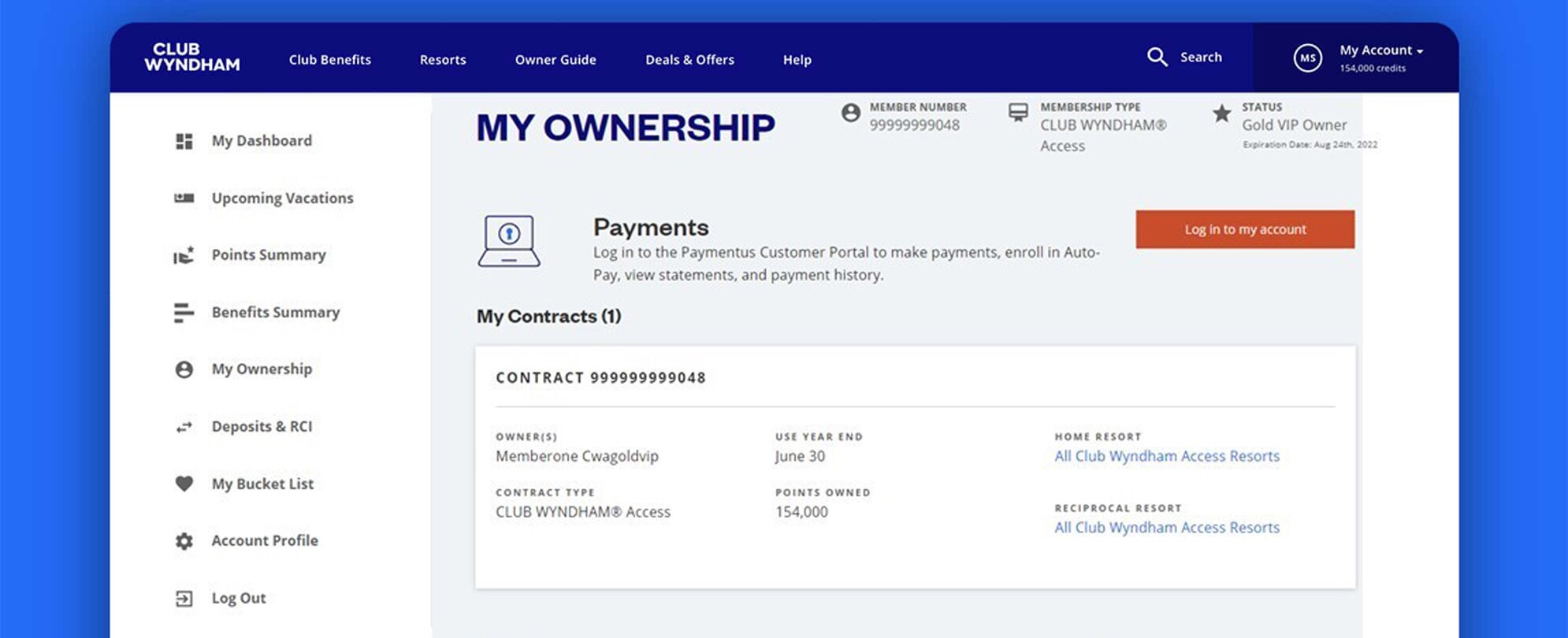 A screenshot of the My Ownership dashboard on Club Wyndham.com.